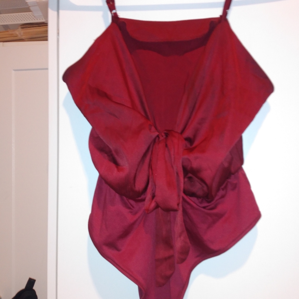 Red silky low cut one piece with bow tie